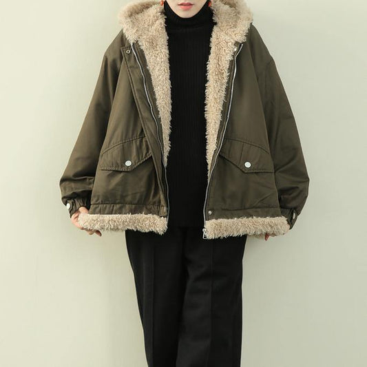 Fashion army green clothes hooded zippered casual knitwear fuzzy wool coat - SooLinen