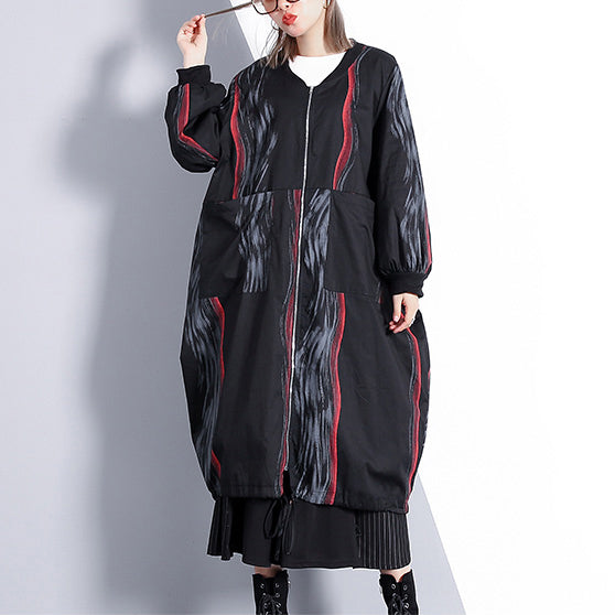 Modischer schwarzer Printmantel, übergroße Strickjacken mit Stehkragen, elegante, taillierte Baggy-Mäntel