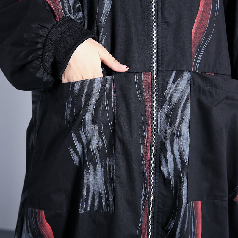 Modischer schwarzer Printmantel, übergroße Strickjacken mit Stehkragen, elegante, taillierte Baggy-Mäntel