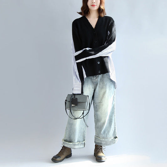 Modischer schwarz gestreifter Patchwork-Pullover aus Baumwolle in Übergröße mit langen Ärmeln