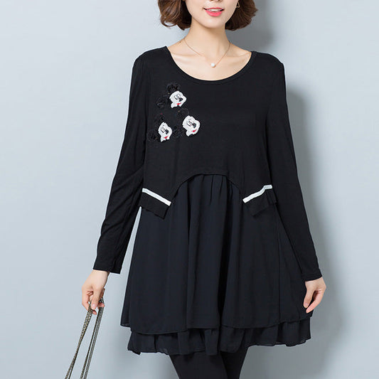 Mode lässig schwarz falsche zwei Stücke Baumwolle gemischt Kleider plus Größe Rüschen Kleider