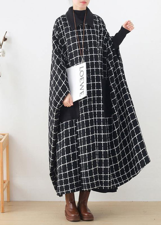 Fashion casual maxi coat outwear black white plaid lapel pockets Woolen Coats - SooLinen