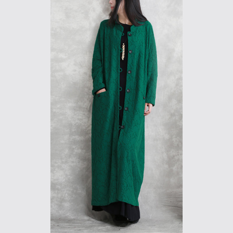 Mode grün Maxi Mantel lässig Stand Taschen Baumwolle Leinen Mantel Frauen Langarm Baggy Mantel