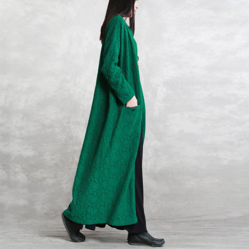 Mode grün Maxi Mantel lässig Stand Taschen Baumwolle Leinen Mantel Frauen Langarm Baggy Mantel