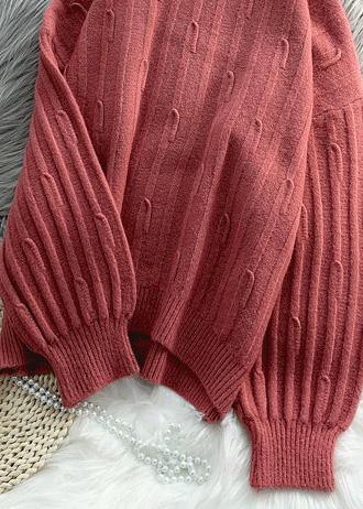 Fashion high neck purpke redknit tops oversized cable knitted top - SooLinen