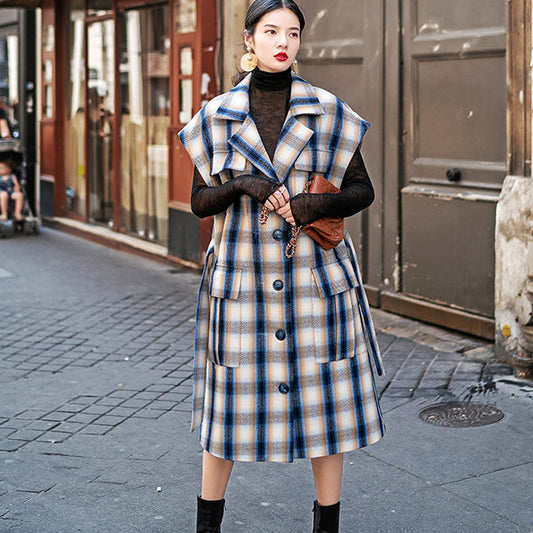 Mode marineblau karierter langer Mantel in Übergröße, gekerbte Taille, Mäntel für Damen mit Taschen, ärmellose lange Jacken