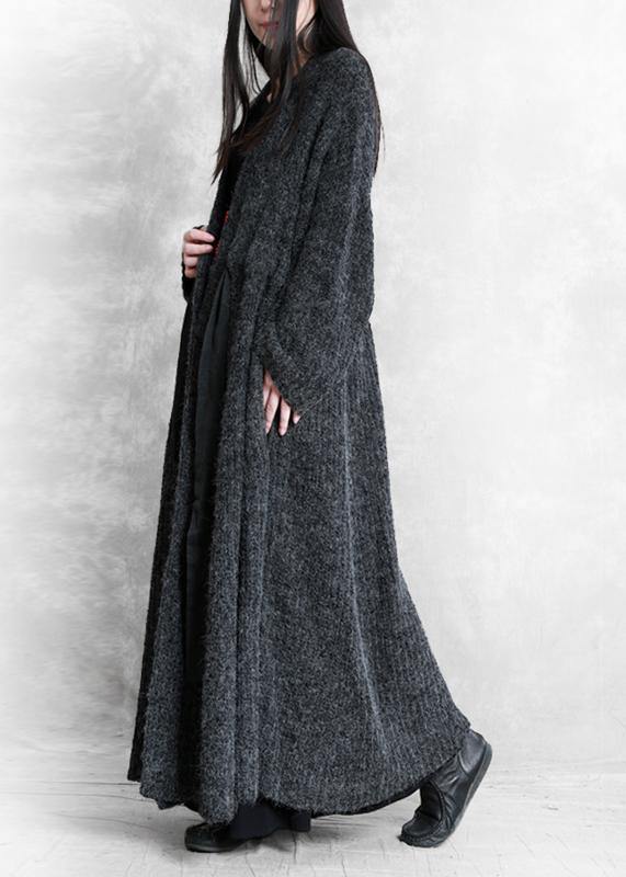 Fashion oversized long winter coat dark gray v neck drawstring wool coat for woman - SooLinen
