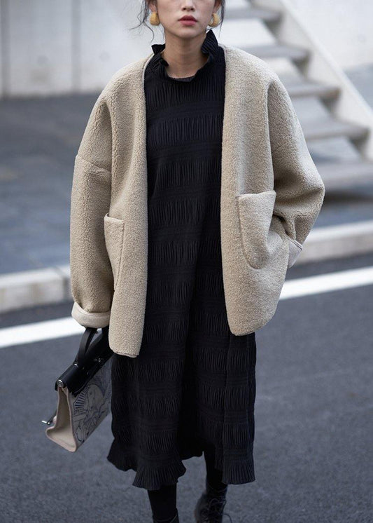 Fashion plus size clothing coats women coats nude v neck pockets woolen overcoat - SooLinen