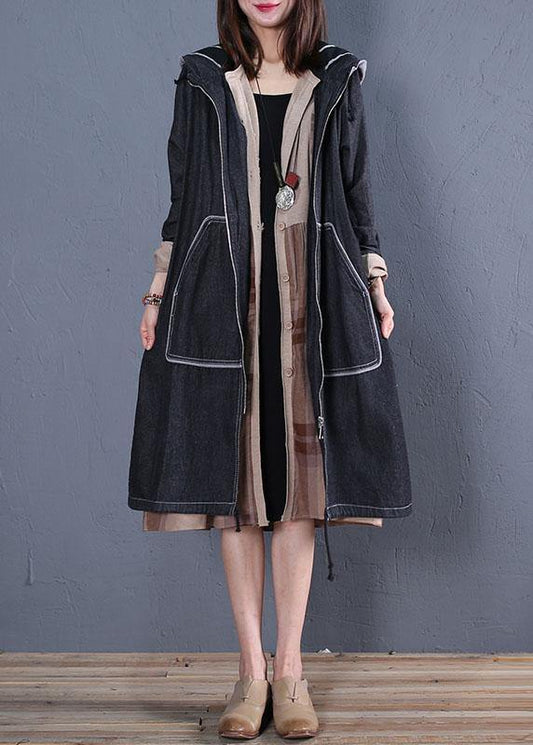 Fashion plus size trench coat fall black hooded overcoat - SooLinen