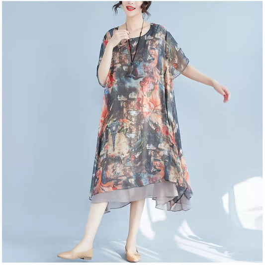 Mode Rot Drucke Chiffon Etuikleider Übergröße Chiffon Kleidung Kleider Frauen Halbarm Asymmetrischer Saum Baumwolle Kleidung
