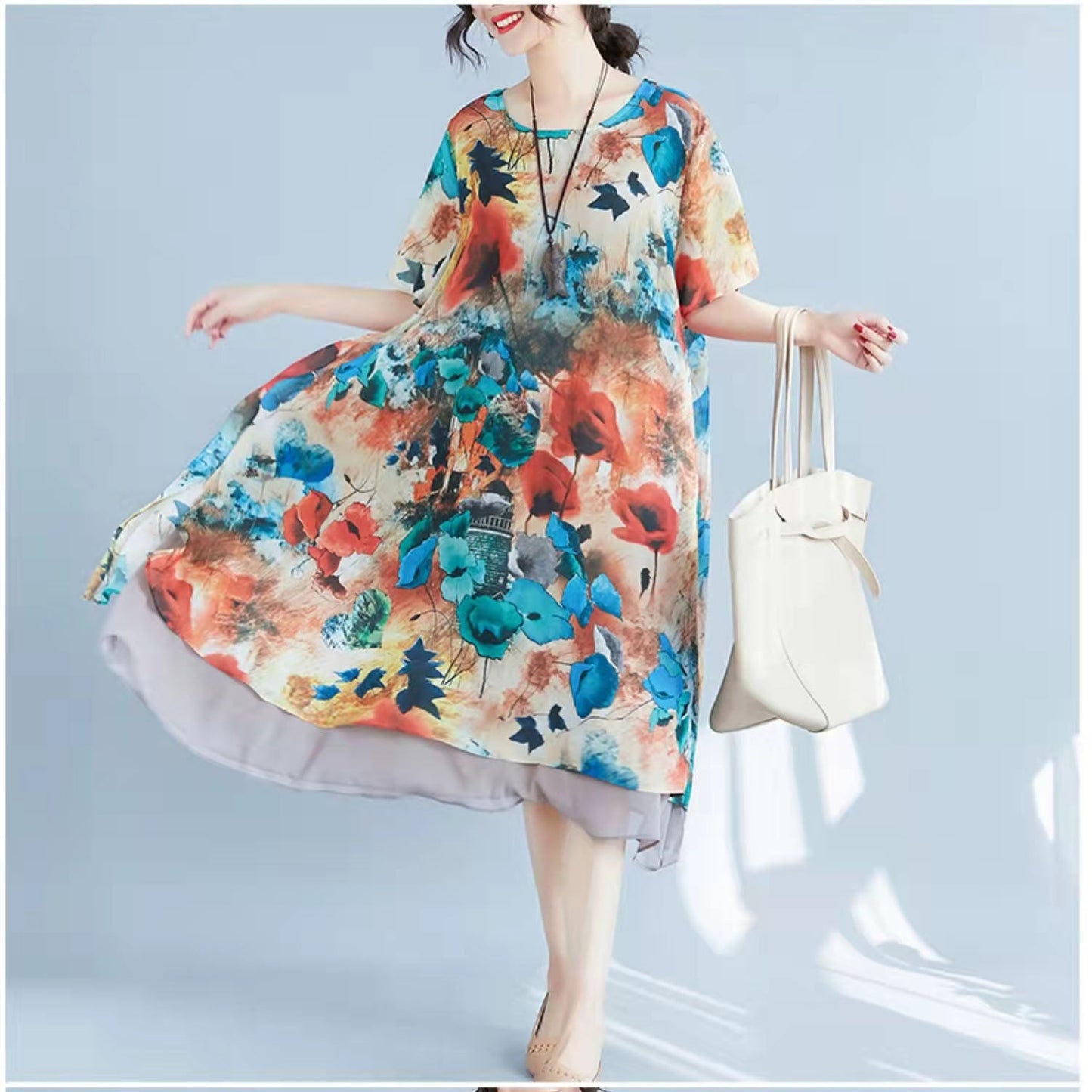 Mode Rot Drucke Chiffon Etuikleider Übergröße Chiffon Kleidung Kleider Frauen Halbarm Asymmetrischer Saum Baumwolle Kleidung