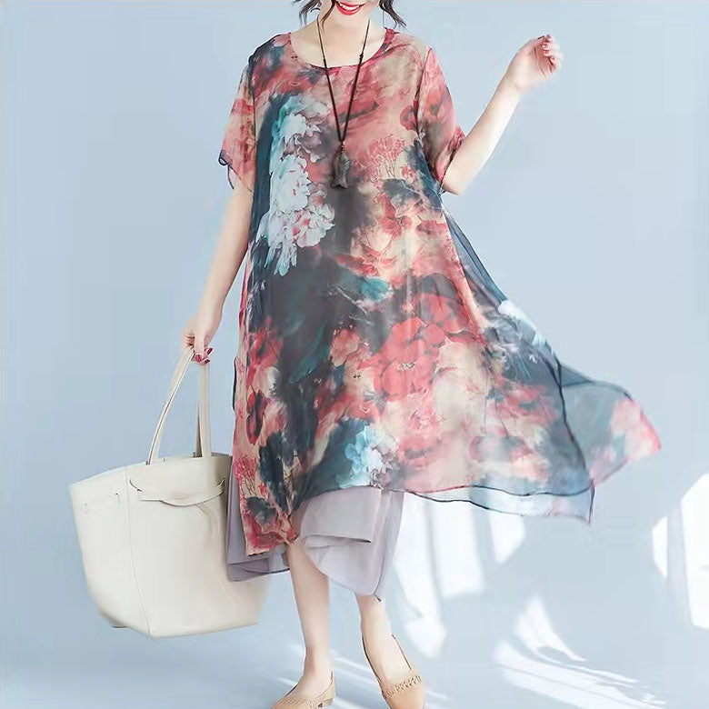 Mode Rot Drucke Chiffon Etuikleider Übergröße Chiffon Kleidung Kleider Frauen Halbarm Asymmetrischer Saum Baumwolle Kleidung