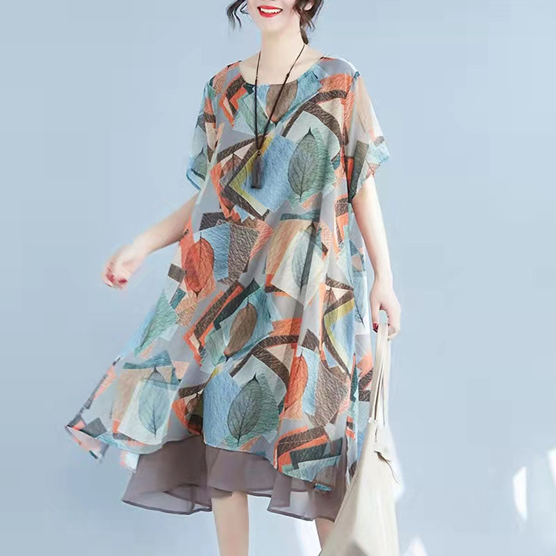 Mode Rot Drucke Chiffon Etuikleider Übergröße Chiffon Kleidung Kleider Frauen Halbarm Asymmetrischer Saum Baumwolle Kleidung
