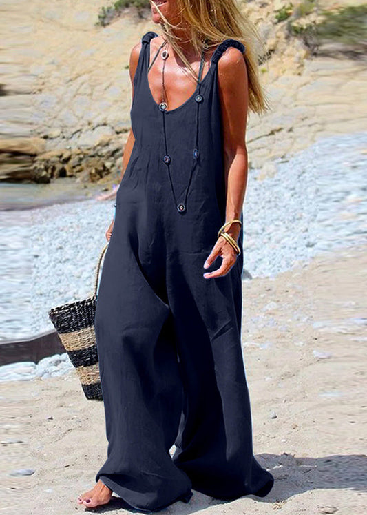 Female Navy Blue Sleeveless Wide leg Side Button Jumpsuit