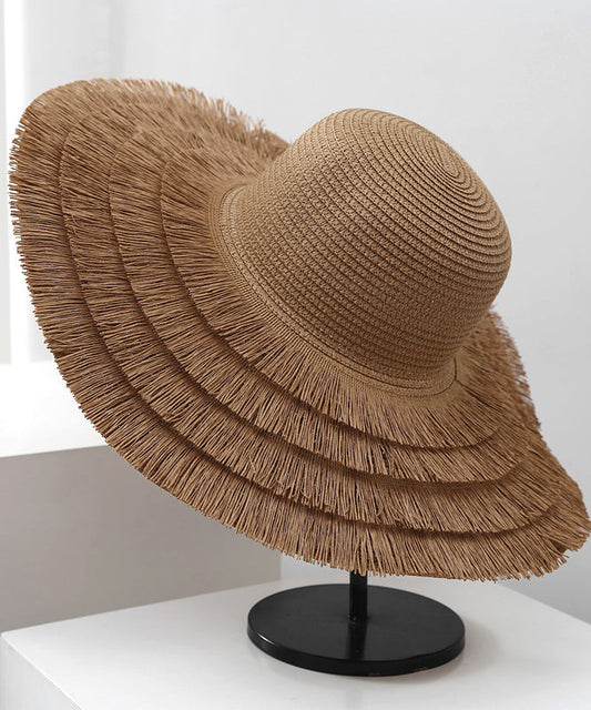 Female Summer Beige Tassel Big Edge Straw Woven Sunshade Hat