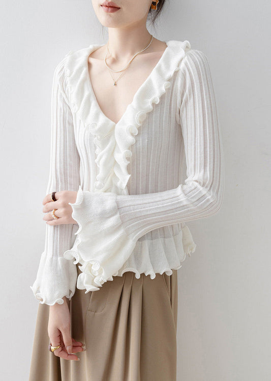 Fine Apricot Ruffled Patchwork Slim Fit Knit Top Spring