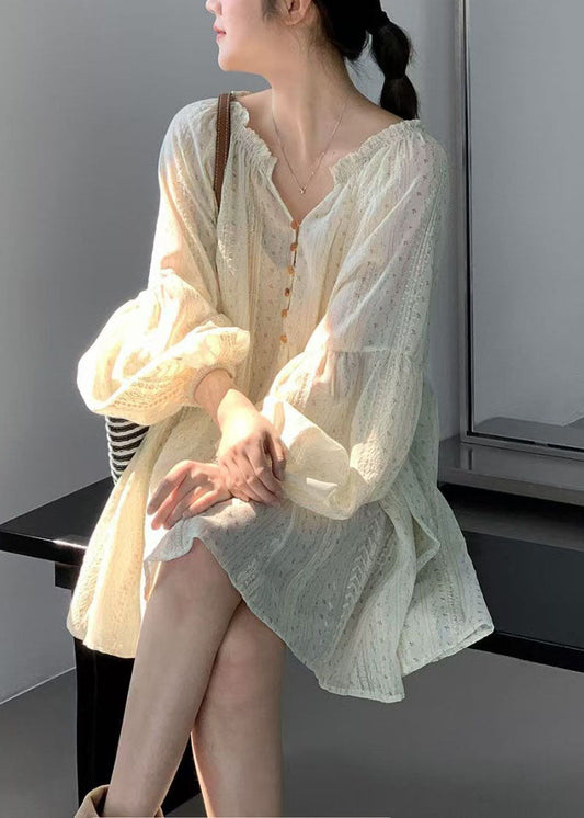 Fine Apricot Wrinkled V Neck Oversized Print Cotton Mini Dress Summer