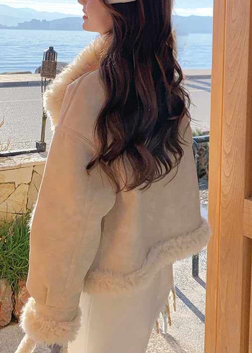 Feine beige Oversize-Mäntel aus Patchwork-Fleece mit Wollfutter für den Winter