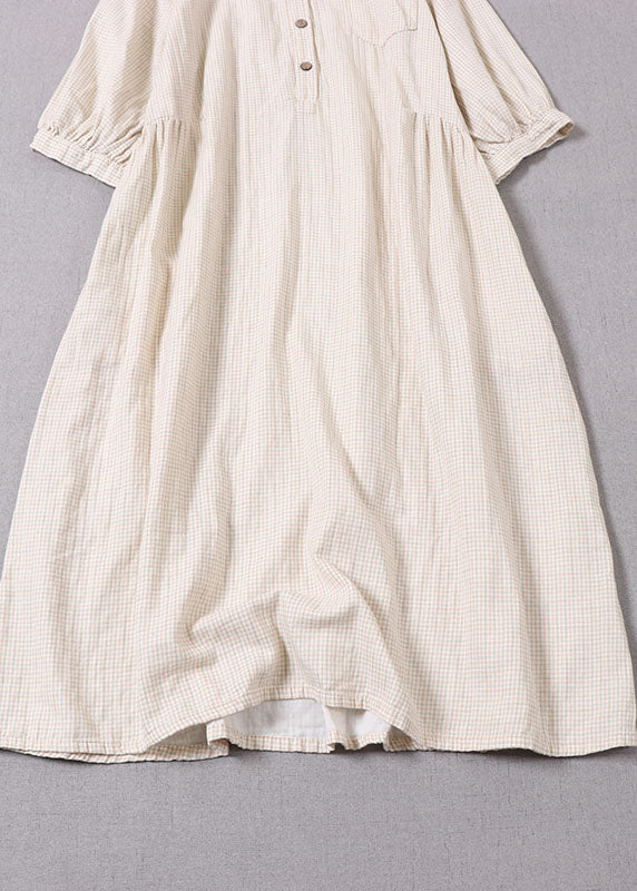 Feines beiges Stehkragen-Kariertes Baumwoll-Urlaubskleid mit halben Ärmeln