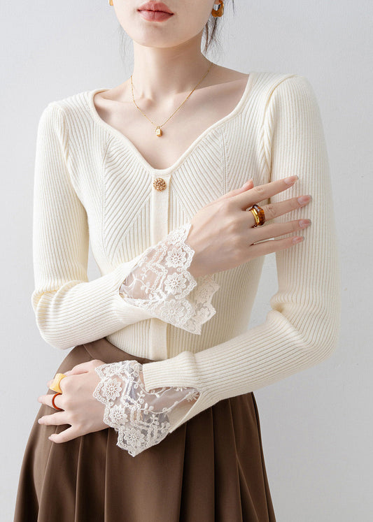 Fine Beige V Neck Lace Patchwork Knit Sweaters Spring