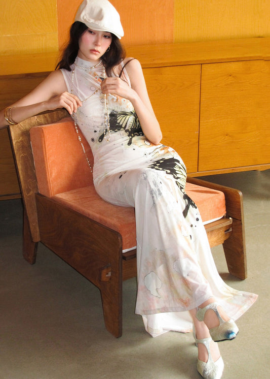 Fine Black Butterfly Print Side Open Tulle Dress Set Sleeveless