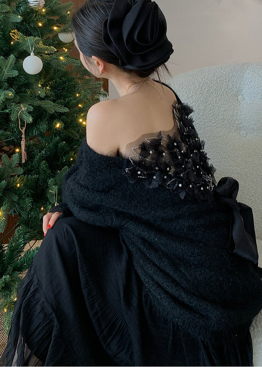 Fine Black Cold Shoulder Patchwork Knit Sweaters Winter