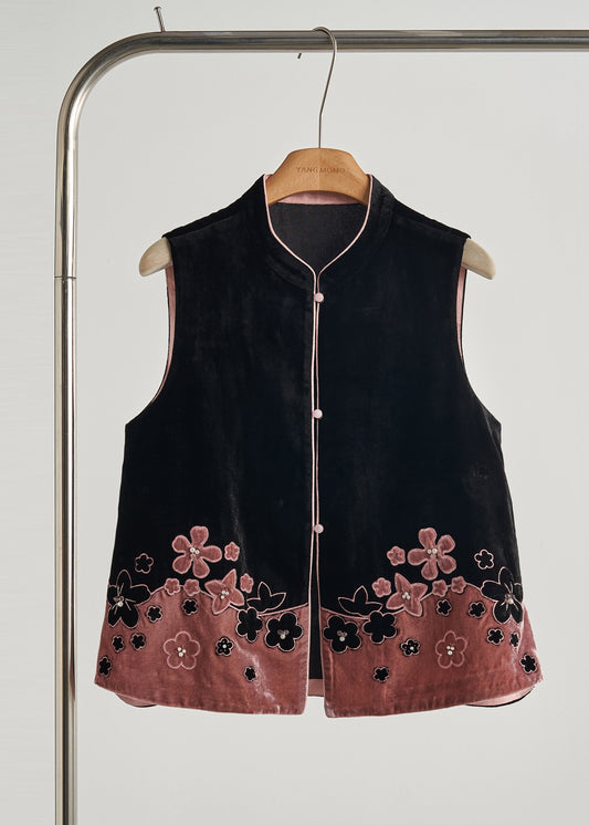 Fine Black Mandarin Collar Patchwork Flower Silk Velour Tops Fall
