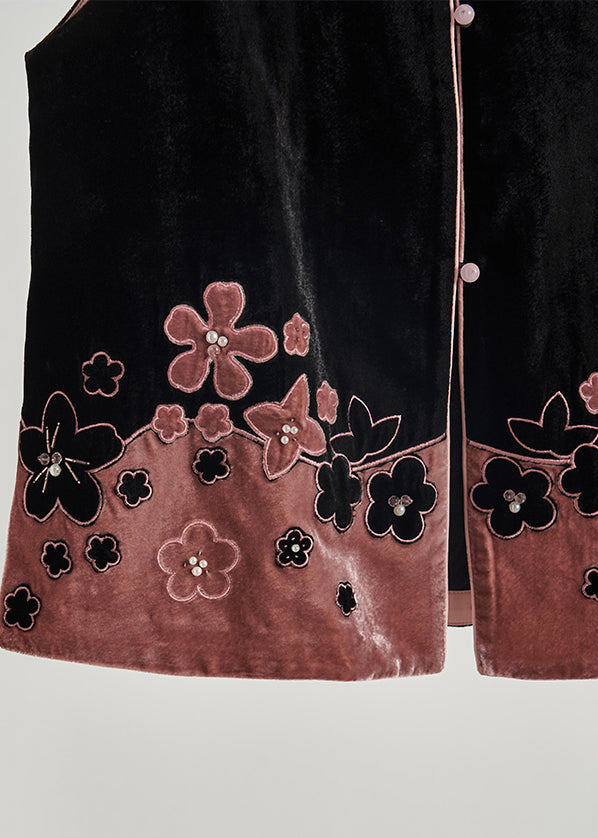 Fine Black Mandarin Collar Patchwork Flower Silk Velour Tops Fall