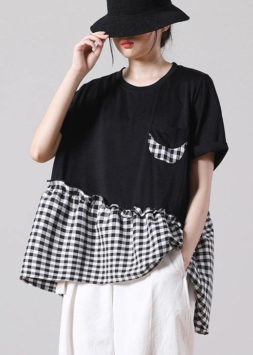 Fine Black Patchwork asymmetrical design Ruffled Cotton Short Sleeve Summer Shirt Top - SooLinen
