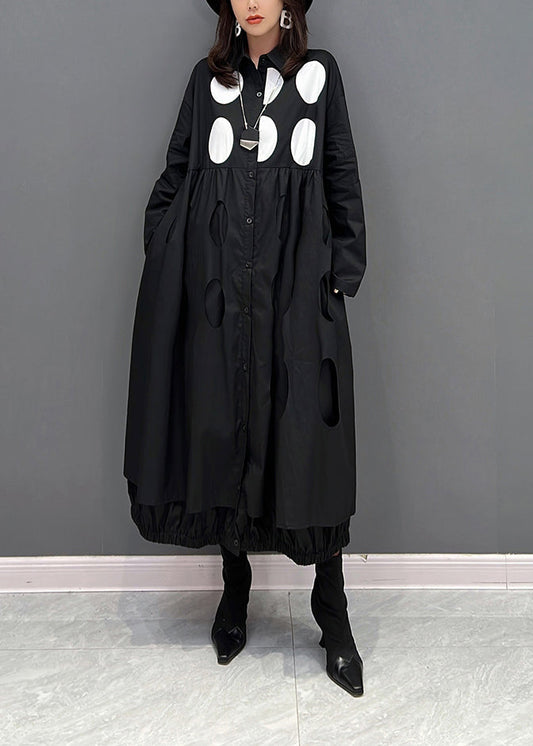 Feine Schwarze Peter Pan Kragen Dot Wrinkled Button Maxi Kleider Herbst