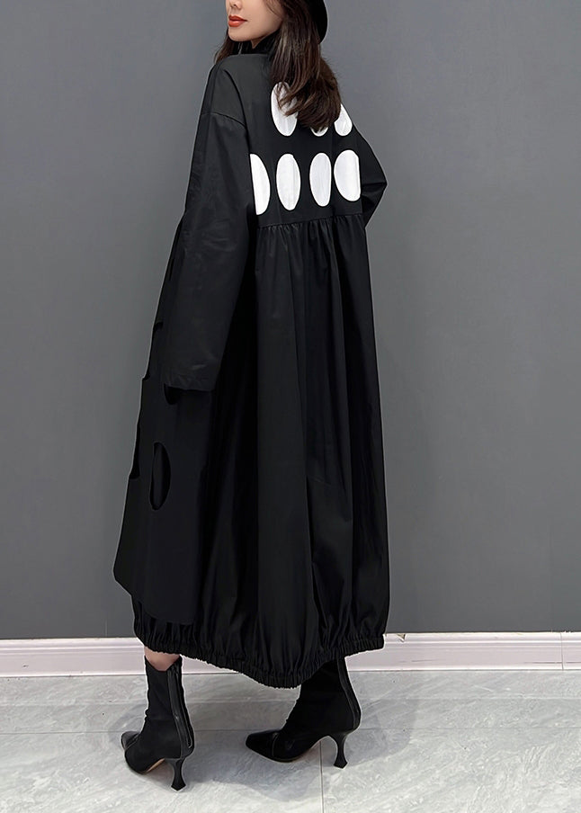 Feine Schwarze Peter Pan Kragen Dot Wrinkled Button Maxi Kleider Herbst