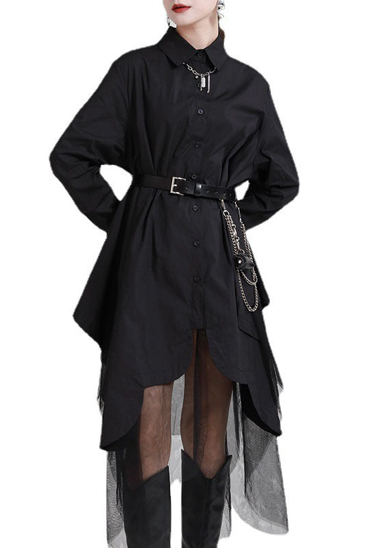 Feines schwarzes PeterPan-Kragen-Knopf-asymmetrisches Design Patchwork-Tüll-Herbst-Shirt-Oberteile Langarm