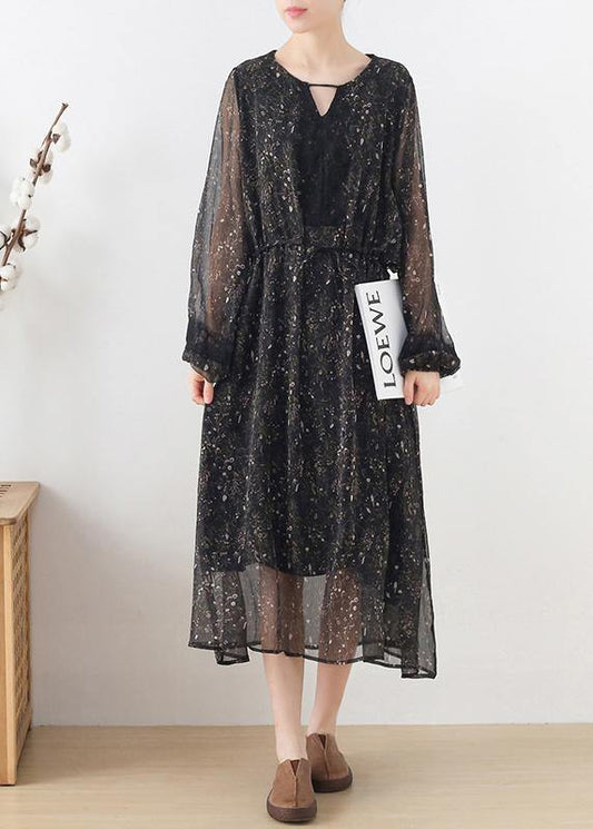 Fine Black Print Chiffon Tie Waist Summer Long Dresses - SooLinen