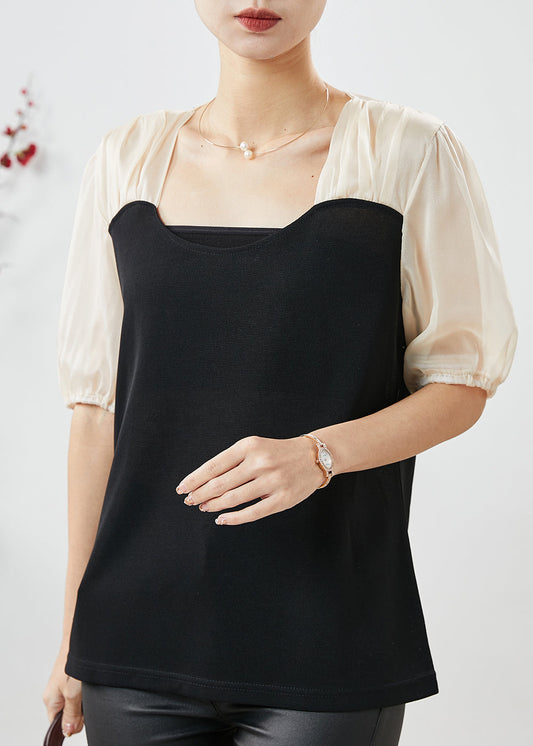 Feines schwarzes Patchwork-Spandex-Shirt mit quadratischem Kragen für den Sommer