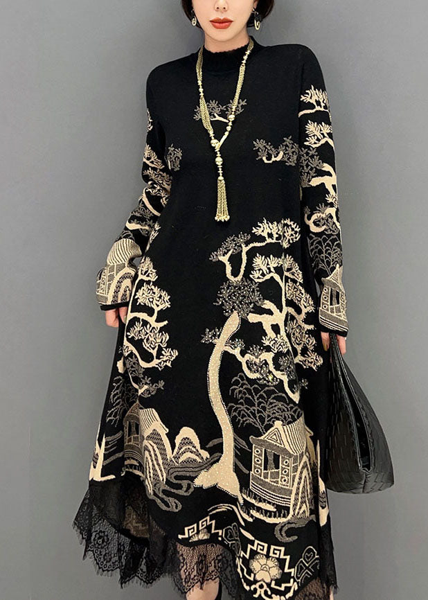 Feine Schwarze Stehkragen Asymmetrische Spitze Patchwork Print Baumwolle Kleid Frühling