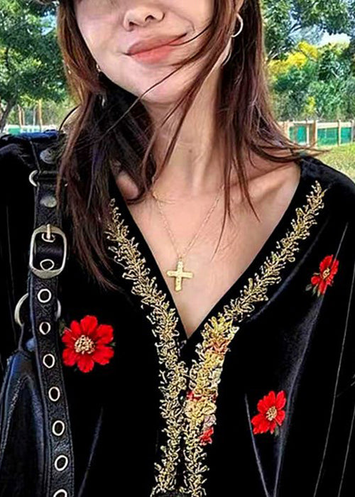 Camisa fina de terciopelo de seda bordada con cuello en V negro para primavera