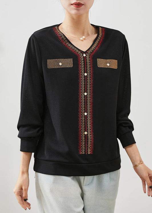 Feine schwarze V-Ausschnitt Zirkon Baumwolle Tops Frühling