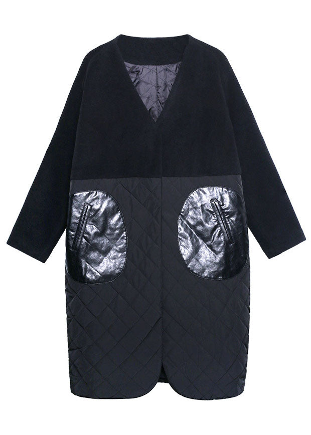 Feiner schwarzer Woll-Patchwork-PU-Taschen-Winter-Baumwoll-Parka