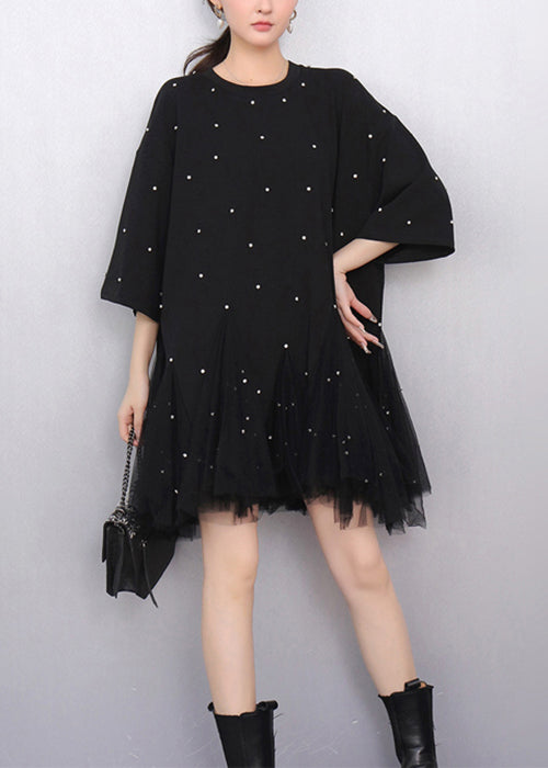 Fine Black Zircon Tulle Patchwork T Shirts Dress Half Sleeve