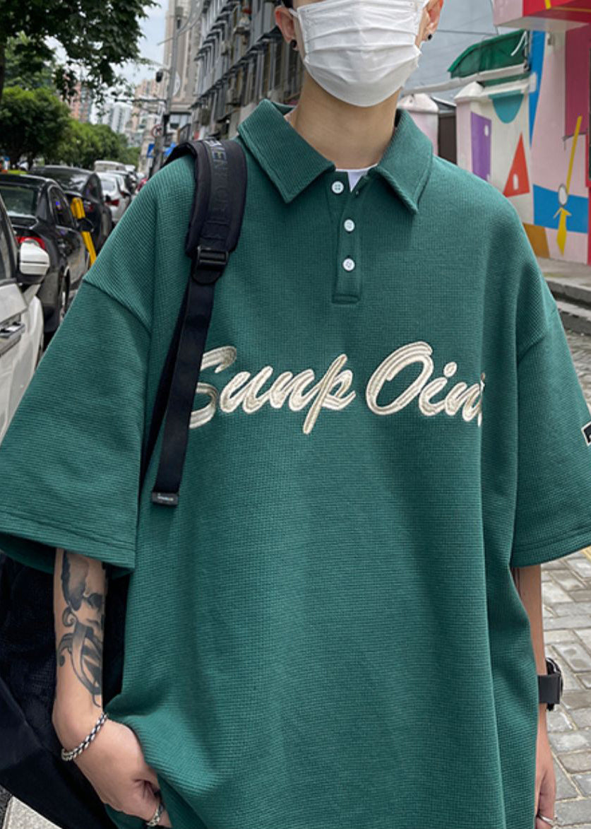 Fine Blackish Green Button Letter Cotton Men Polo Shirts Summer