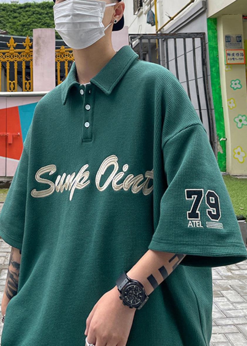 Fine Blackish Green Button Letter Cotton Men Polo Shirts Summer