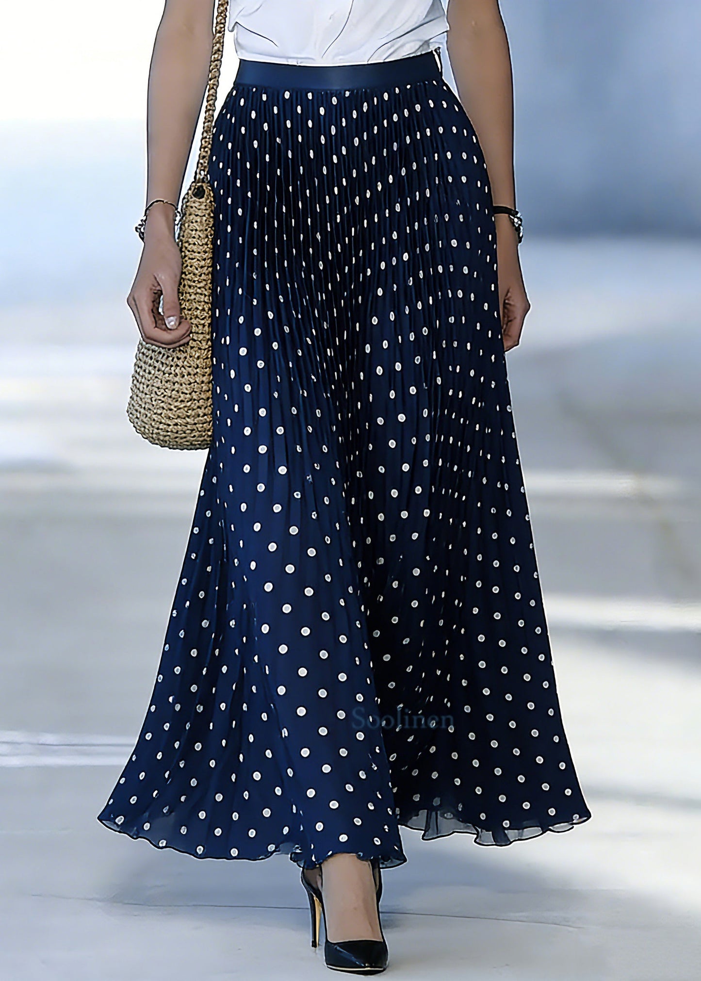 Fine Blue Elastic Waist Dot Print A Line Skirt