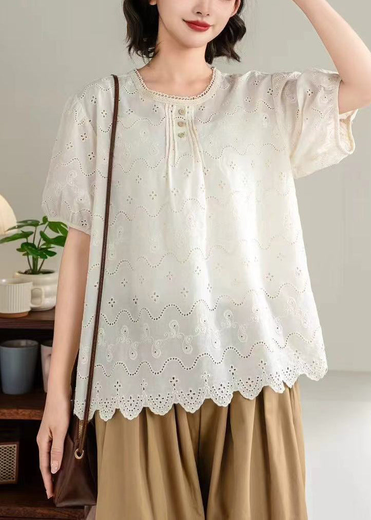 Fine Blue Hollow Out Wrinkled Cotton Top Summer