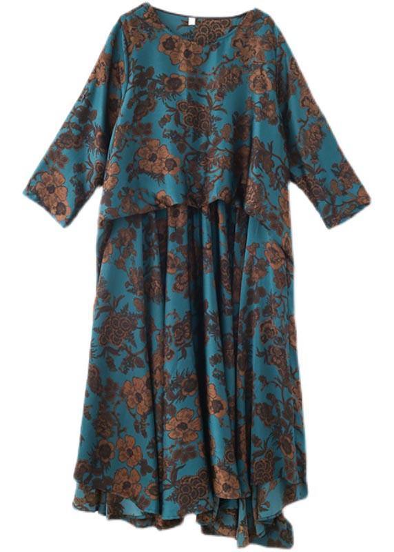 Fine Blue Print Silk asymmetrical design Summer Vacation Dresses - SooLinen