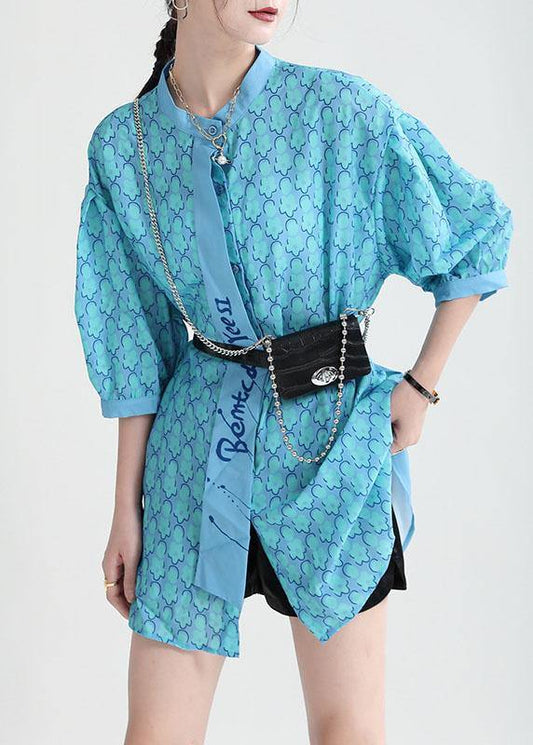 Fine Blue Print Stand Collar Asymmetrical Design Half Sleeve Top - SooLinen