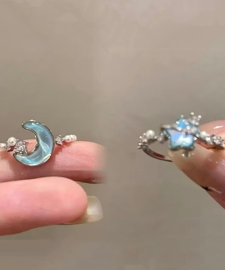 Fine Blue Stainless Steel Zircon Pearl Moon And Star Rings Two-Piece Set