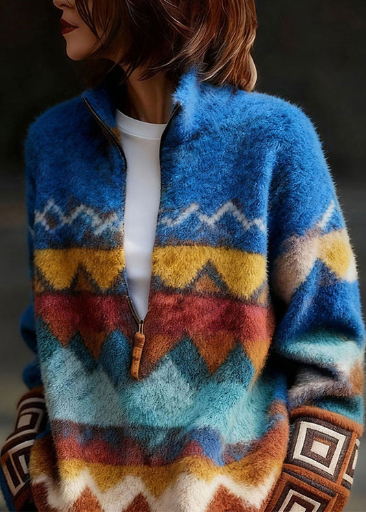 Fine Blue Stand Collar Zippered Mink Hair Knitted Sweater Fall