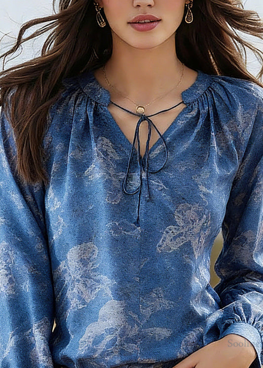 Fine Blue Tie Lace Print Silk Shirt Spring