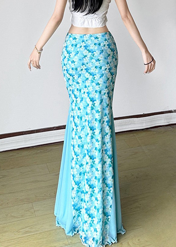 Fine Blue Tulle Patchwork High Waist Maxi Skirt Summer