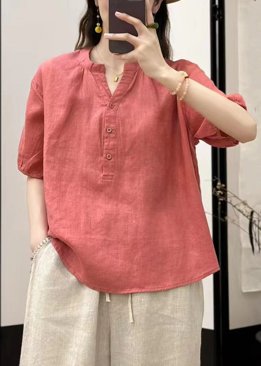 Fine Blue V Neck Button Solid Linen Top Summer